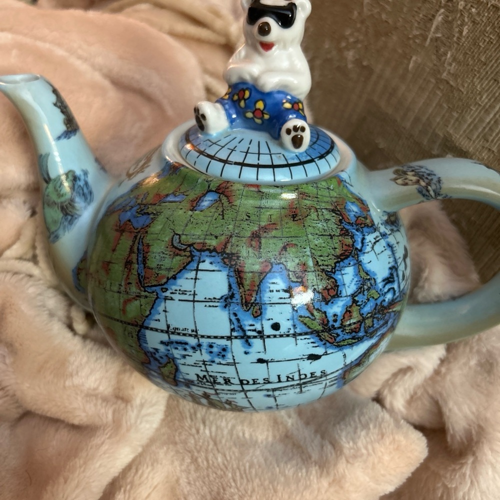 World Map Teapot with Bear Lid